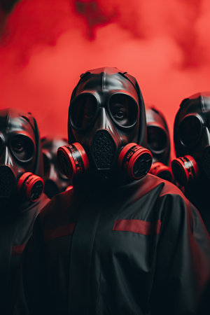 a group of people wearing gas masksの素材