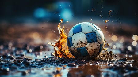 a football ball falling into the mudの素材