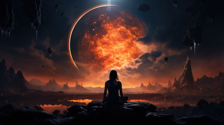 a woman sitting on a rock looking at a large orange planetの素材
