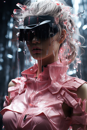 a woman wearing a pink outfit with plastic pieces on her faceの素材