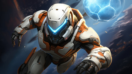 a robot in space with blue and white lightsの素材