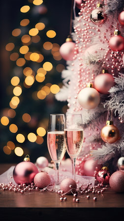 two glasses of champagne next to a christmas treeの素材