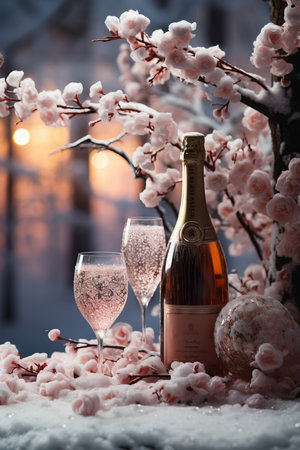 a bottle of champagne next to glasses of champagneの素材