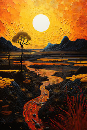 a painting of a river running through a valleyの素材