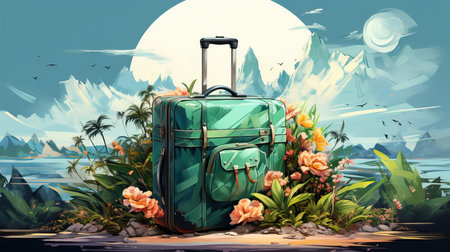 a green suitcase surrounded by flowers and plantsの素材