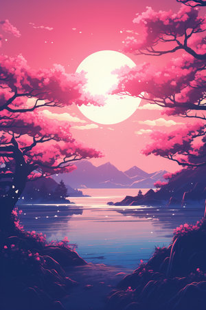 a pink landscape with trees and a lakeの素材
