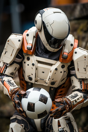 a person in a robot garment holding a football ballの素材