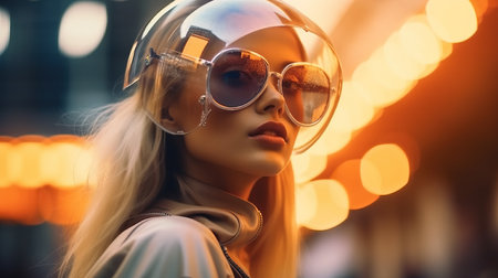 a woman wearing sunglasses and a clear plastic hatの素材