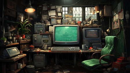 a computer and old computers in a roomの素材