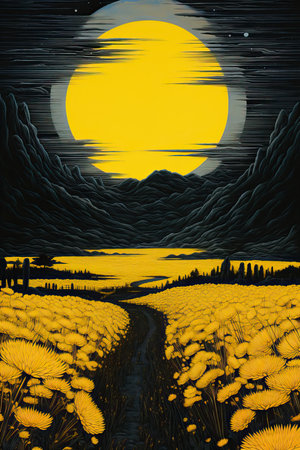 a yellow field of dandelions with mountains and a large moonの素材