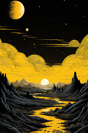 a landscape with mountains and yellow cloudsの素材