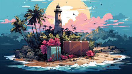 a beach with palm trees and suitcasesの素材