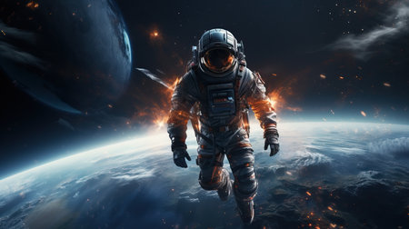 an astronaut in space with a planet in the backgroundの素材