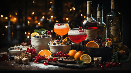 a table with fruit and drinksの素材