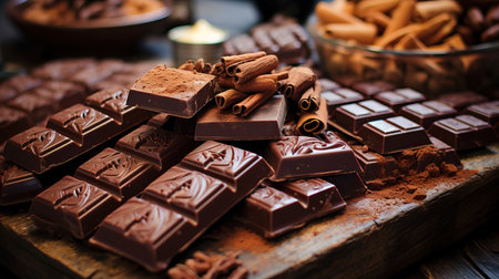 a pile of chocolate bars and cinnamon sticksの素材