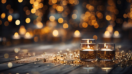 two candles in glasses on a tableの素材