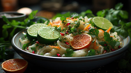 a bowl of food with oranges and cilantroの素材