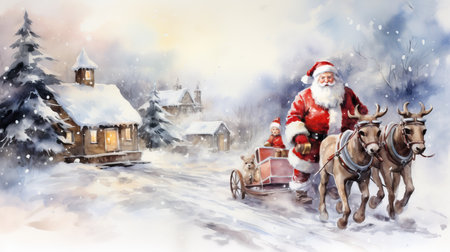 a watercolor of santa claus riding a horse and carriage with teddy bearsの素材