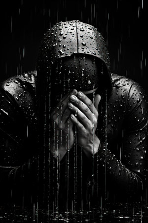 a person in a black hoodie covering their face with their handsの素材