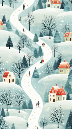 a map of a snowy landscape with houses and treesの素材