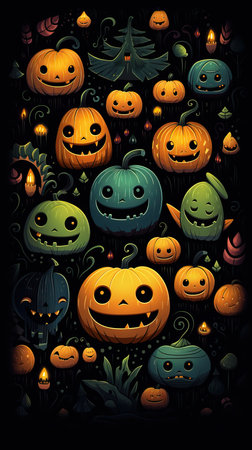 a group of pumpkins with different facesの素材