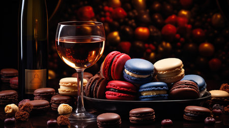 a plate of cookies and a glass of wineの素材