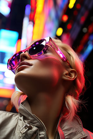 woman wearing pink sunglassesの素材