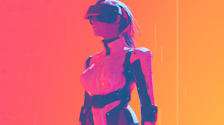 a woman wearing a virtual reality headsetの素材