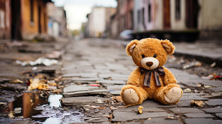 a teddy bear sitting on a stone streetの素材