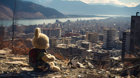 a stuffed animal sitting on a hill overlooking a cityの素材