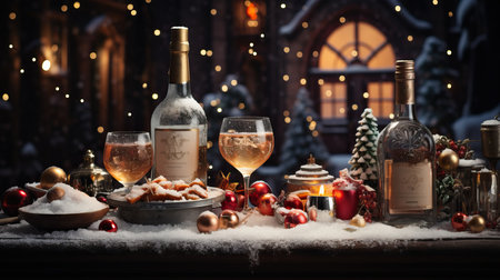 a table with wine glasses and a bottle of wineの素材