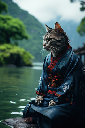 a cat wearing a kimono sitting on a rockの素材
