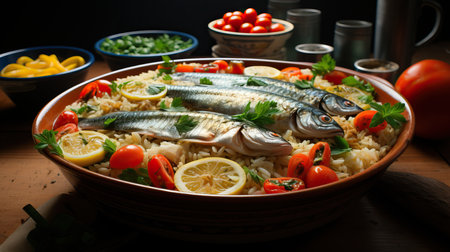 a bowl of fish and riceの素材