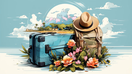 a suitcase and hat on a beachの素材