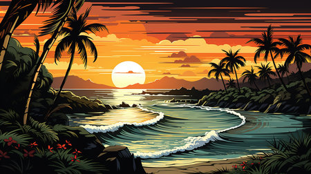 a beach with palm trees and a sunsetの素材