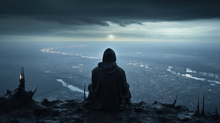a person sitting on a hill looking at a cityの素材