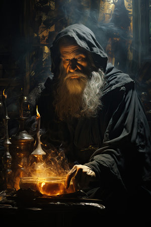 a man with a beard and a black robe holding a box with a burning candleの素材