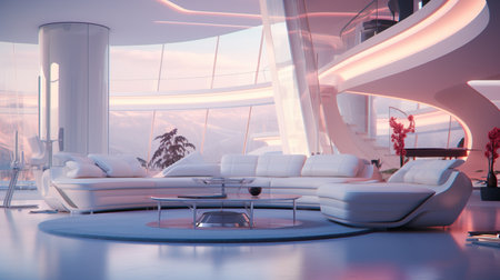 a living room with a large windowの素材