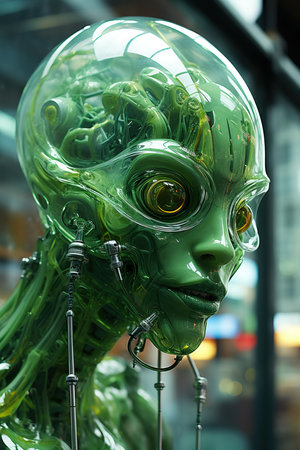a green alien head with wires and wiresの素材