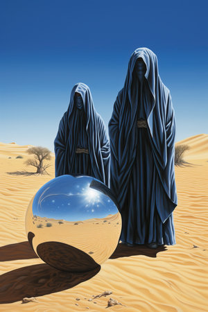 two people wearing black robes standing next to a mirrorの素材