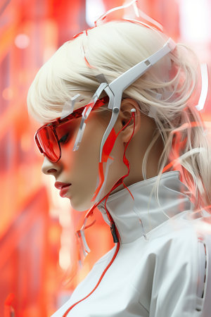 a woman wearing sunglasses and a white jacketの素材