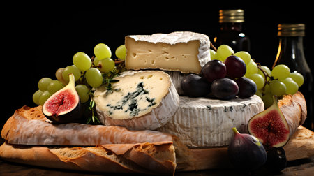 a cheese and grapes on a wooden boardの素材