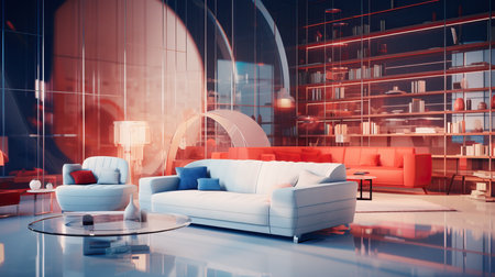 a room with a glass wall and a couch and a coffee tableの素材