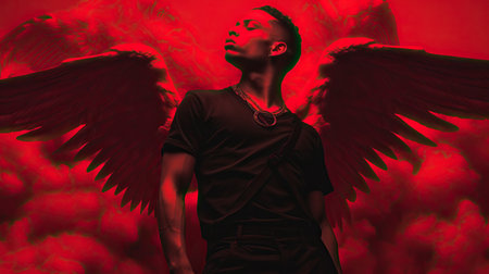 a man with wings in front of himの素材