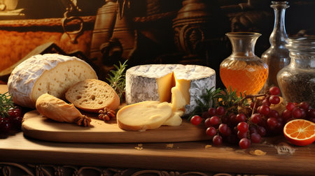 a cheese and grapes on a wooden boardの素材