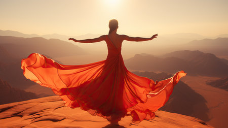 a woman in a red dress with her arms out in the airの素材