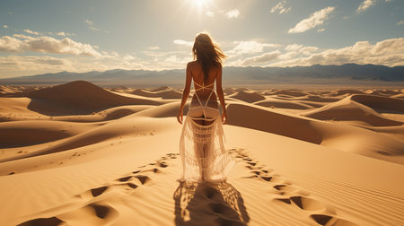 a woman in a white dress walking in the desertの素材