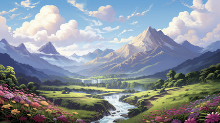 a landscape with a river and mountainsの素材