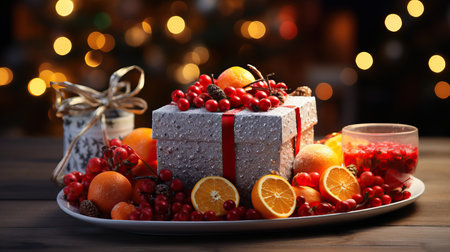 a plate of fruit and a gift boxの素材