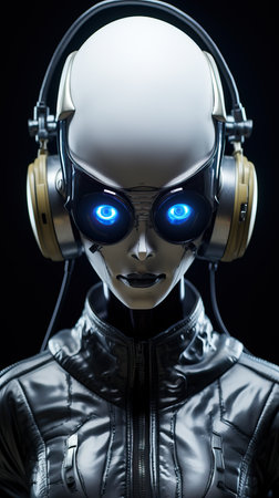 a robot wearing headphones and a black jacketの素材